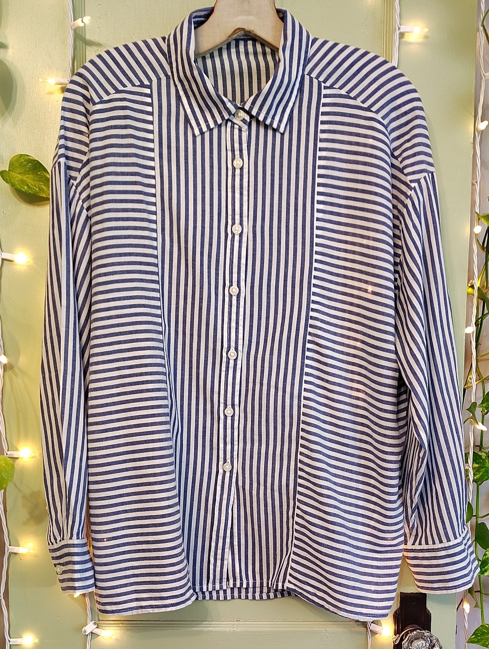 Women's Button Down Vertical Horizontal Mix Striped Blue White Oversized Shirt M